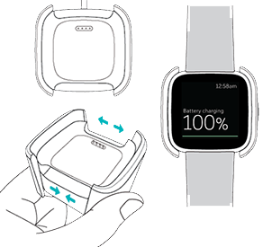 Reeks illustraties waarin wordt weergegeven hoe een hand het oplaadstation inknijpt en de smartwatch in de oplader wordt geplaatst